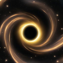 A mesmerizing black hole that is gold and black, enveloped in the vastness of space