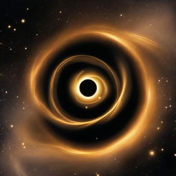 A mesmerizing black hole that is gold and black, enveloped in the vastness of space