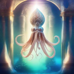 A majestic and divine squid, illuminated by a heavenly light, with intricate patterns on its body that resemble sacred symbols