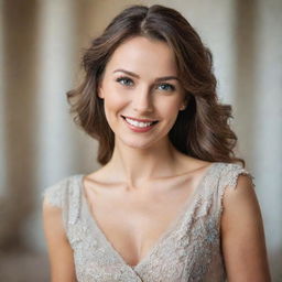 Portrait of a charming woman with an engaging smile and radiant eyes, dressed in elegant clothing