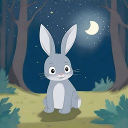 In the forest, under a starry night sky, Niño the grey rabbit discovers a new surprise