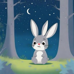 In the forest, under a starry night sky, Niño the grey rabbit discovers a new surprise