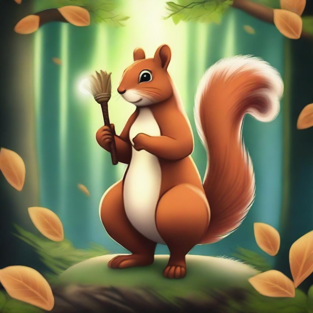 A majestic squirrel deity standing tall with an aura of divine light, holding a staff adorned with acorns and leaves