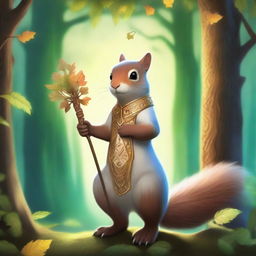 A majestic squirrel deity standing tall with an aura of divine light, holding a staff adorned with acorns and leaves