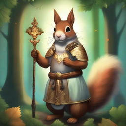 A majestic squirrel deity standing tall with an aura of divine light, holding a staff adorned with acorns and leaves