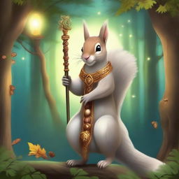 A majestic squirrel deity standing tall with an aura of divine light, holding a staff adorned with acorns and leaves