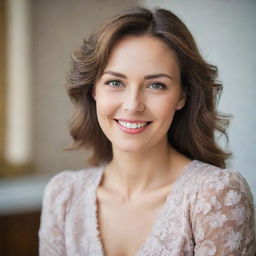 Portrait of a charming woman with an engaging smile and radiant eyes, dressed in elegant clothing