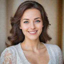 Portrait of a charming woman with an engaging smile and radiant eyes, dressed in elegant clothing