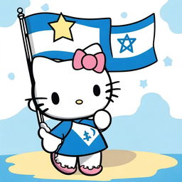 A cute image of Hello Kitty holding the flag of Israel