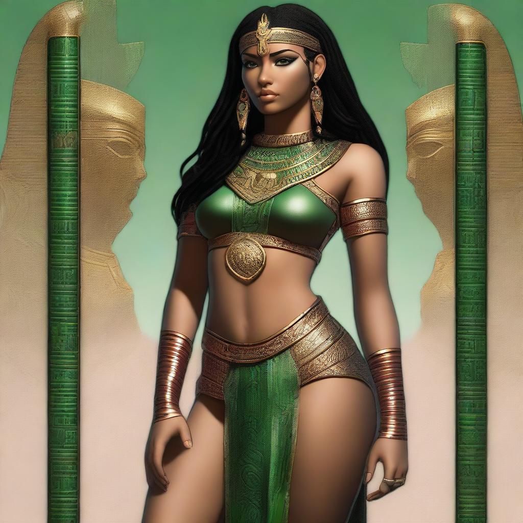 A beautiful Egyptian female priestess with black hair featuring red highlights and green eyes