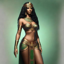 A beautiful Egyptian female priestess with black hair featuring red highlights and green eyes