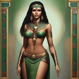 A beautiful Egyptian female priestess with black hair featuring red highlights and green eyes