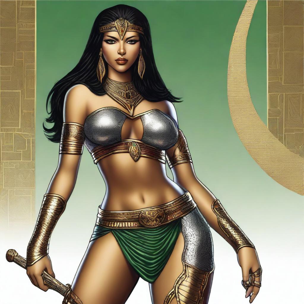 An Egyptian sexy female warrior with black hair and red highlights, green eyes, medium breasts, wide hips, and brown skin