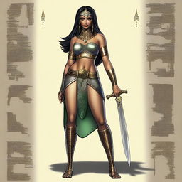 An Egyptian sexy female warrior with black hair and red highlights, green eyes, medium breasts, wide hips, and brown skin