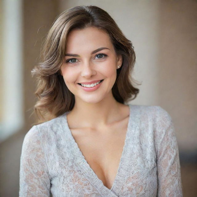 Portrait of a charming woman with an engaging smile and radiant eyes, dressed in elegant clothing