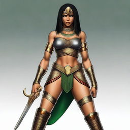 An Egyptian sexy female warrior with black hair and red highlights, green eyes, medium breasts, wide hips, and brown skin