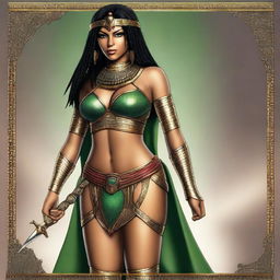 An Egyptian sexy female warrior with black hair and red highlights, green eyes, medium breasts, wide hips, and brown skin