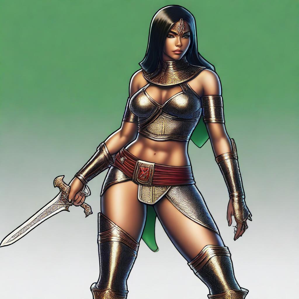 A sexy female assassin with black hair and red highlights, green eyes, medium breasts, wide hips, and brown skin