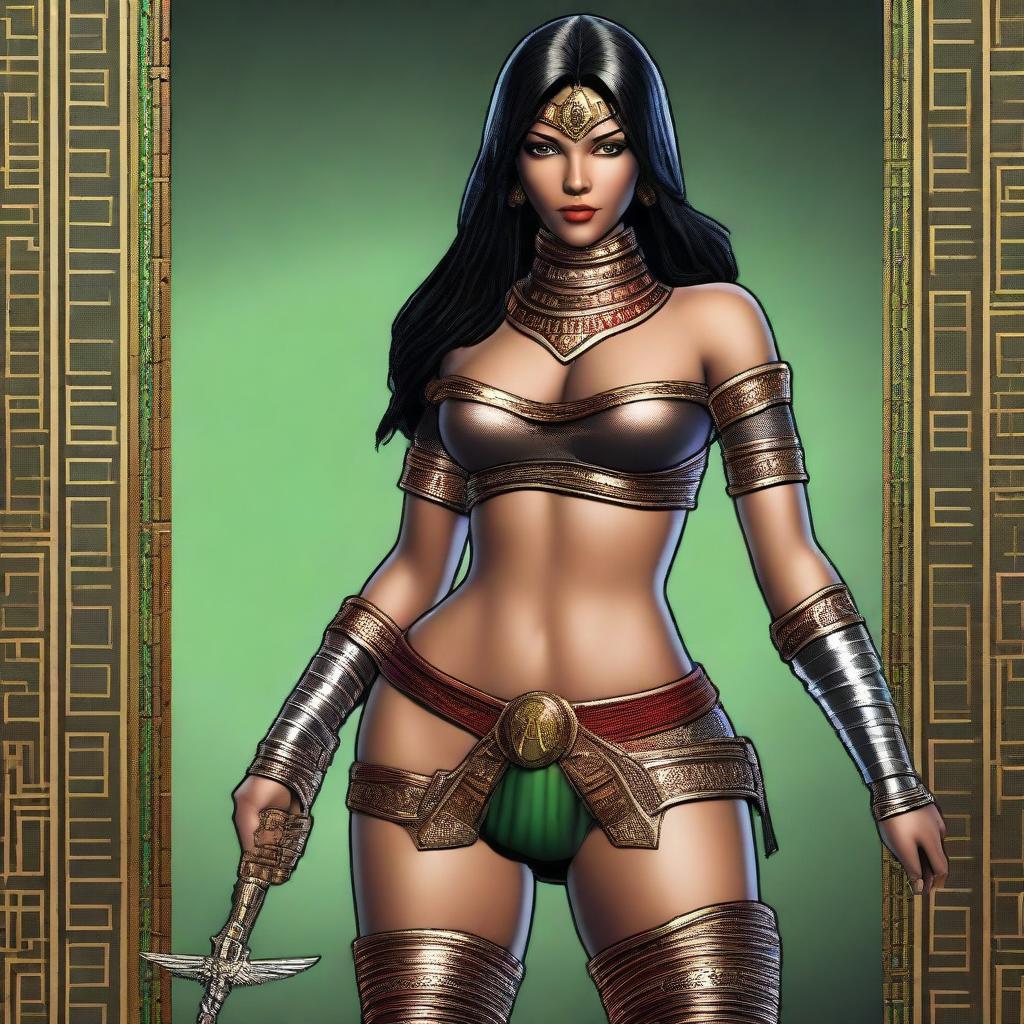 A sexy female assassin with black hair and red highlights, green eyes, medium breasts, wide hips, and brown skin