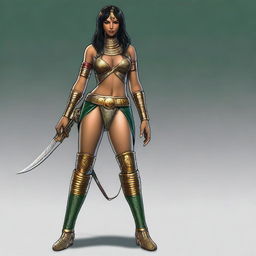 A sexy female assassin with black hair and red highlights, green eyes, medium breasts, wide hips, and brown skin