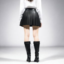 A rear view of a person wearing a black pleated skirt and boots