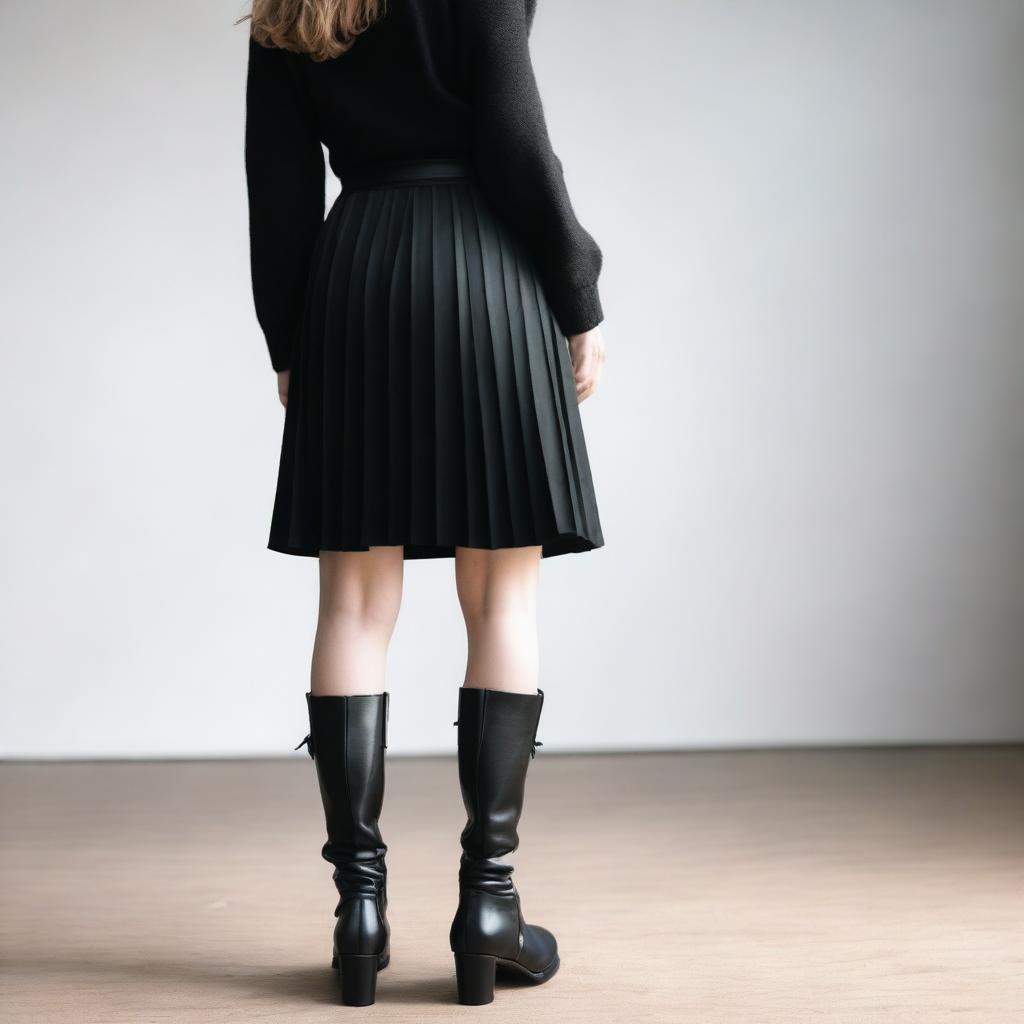 A rear view of a person wearing a black pleated skirt and boots