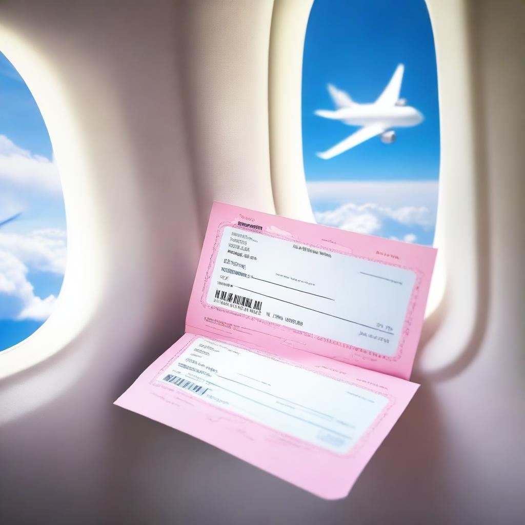 Two pink boarding passes placed next to a window of an airplane, showing a clear blue sky with fluffy white clouds outside