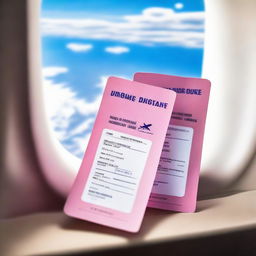 Two pink boarding passes placed next to a window of an airplane, showing a clear blue sky with fluffy white clouds outside