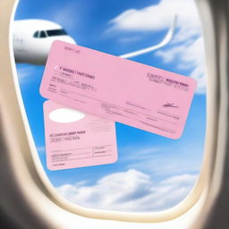 Two pink boarding passes placed next to a window of an airplane, showing a clear blue sky with fluffy white clouds outside