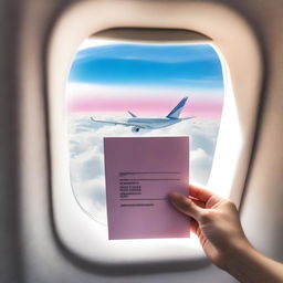 A plane window showing a beautiful blue sky with some white clouds