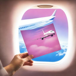 A plane window showing a beautiful blue sky with some white clouds