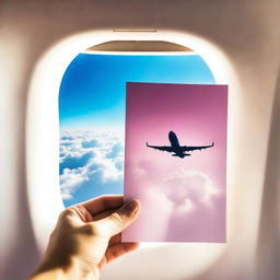 A plane window showing a beautiful blue sky with some white clouds