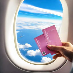 A plane window showing a beautiful blue sky with some white clouds