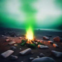 A green campfire in the middle of an ephemeral place, with everything around it blurred