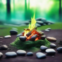 A green campfire in the middle of an ephemeral place, with everything around it blurred