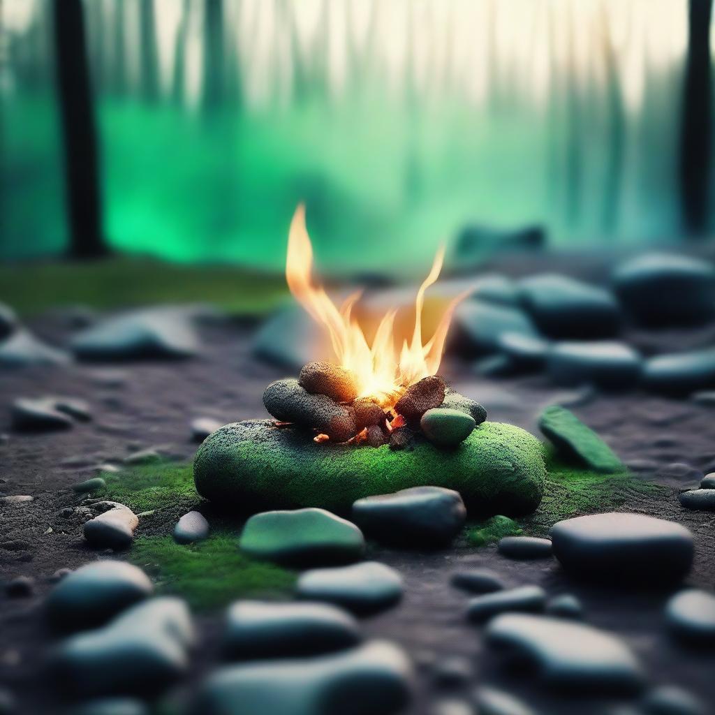 A green campfire in the middle of an ephemeral place, with everything around it blurred