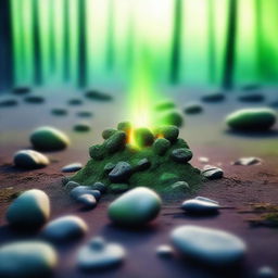 A green campfire in the middle of an ephemeral place, with everything around it blurred