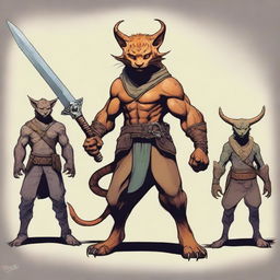 A huge monster, a mix of a human, Tabaxi, and Tiefling, with multiple heads