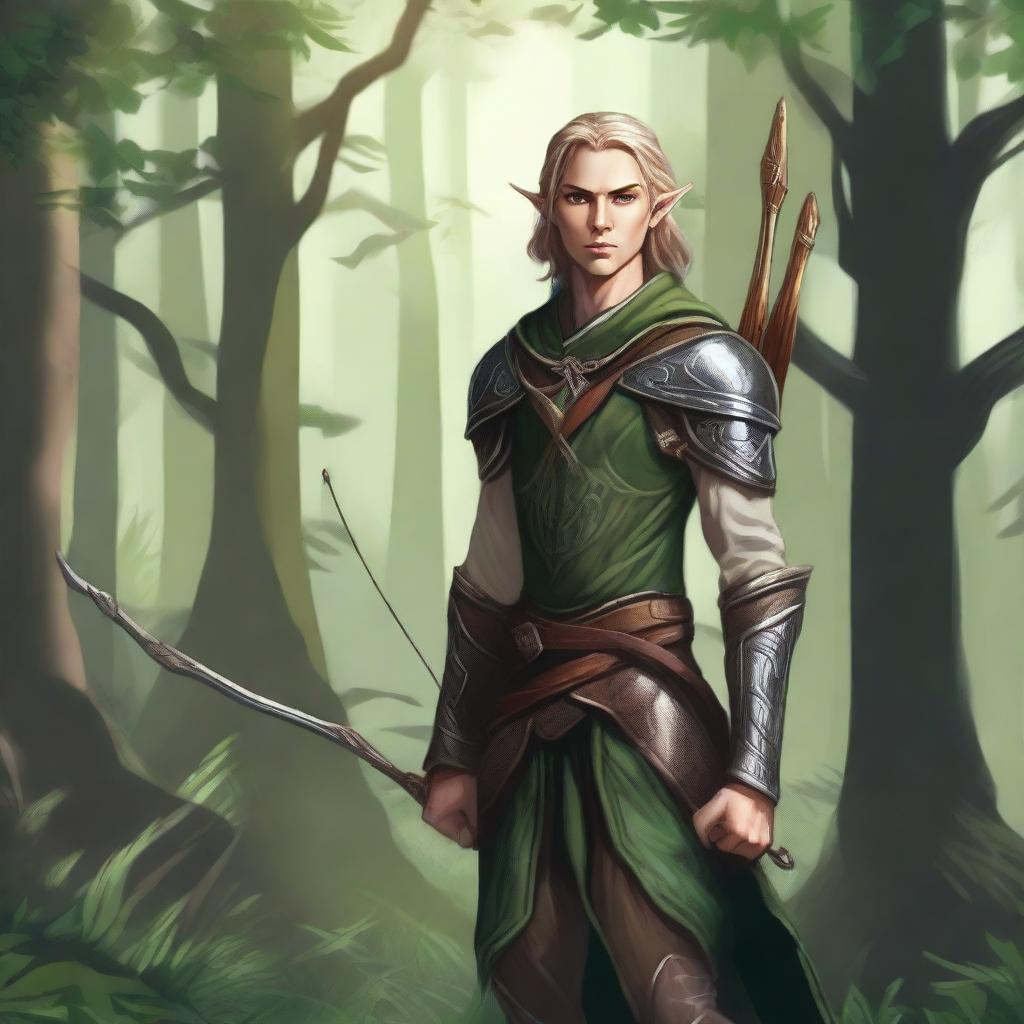 A detailed illustration of an elf warrior with a long bow, standing in a forest