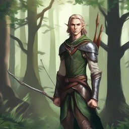 A detailed illustration of an elf warrior with a long bow, standing in a forest