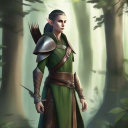 A detailed illustration of an elf warrior with a long bow, standing in a forest