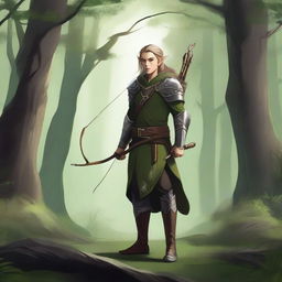 A detailed illustration of an elf warrior with a long bow, standing in a forest