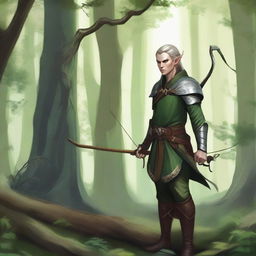 A detailed illustration of an elf warrior with a long bow, standing in a forest