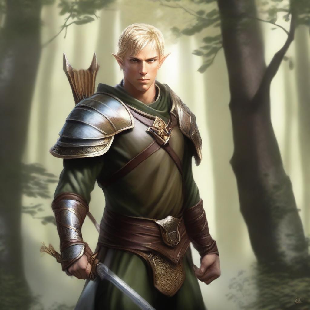 A male wood elf warrior with short blond hair and gold eyes, wearing leather armor and holding a long bow