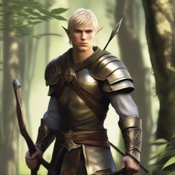 A male wood elf warrior with short blond hair and gold eyes, wearing leather armor and holding a long bow