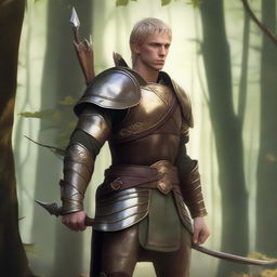 A male wood elf warrior with short blond hair and gold eyes, wearing leather armor and holding a long bow