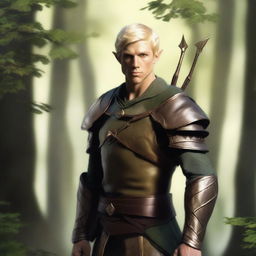 A male wood elf warrior with short blond hair and gold eyes, wearing leather armor and holding a long bow