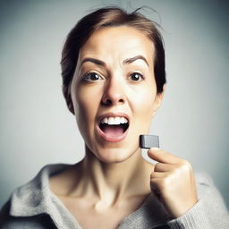 A woman holding a jump drive in her mouth, with a neutral expression on her face