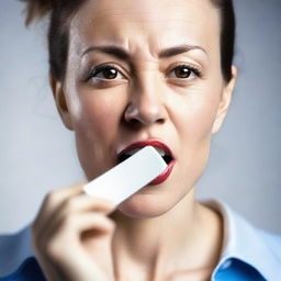 A woman holding a jump drive in her mouth, with a neutral expression on her face