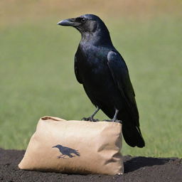 Imagine a majestic crow sitting calmly on an unmarked bag of fertilizer. Its shimmering black plumage contrasts the plain, earth-toned bag, adding an air of mystery and intrigue to a simple scene.